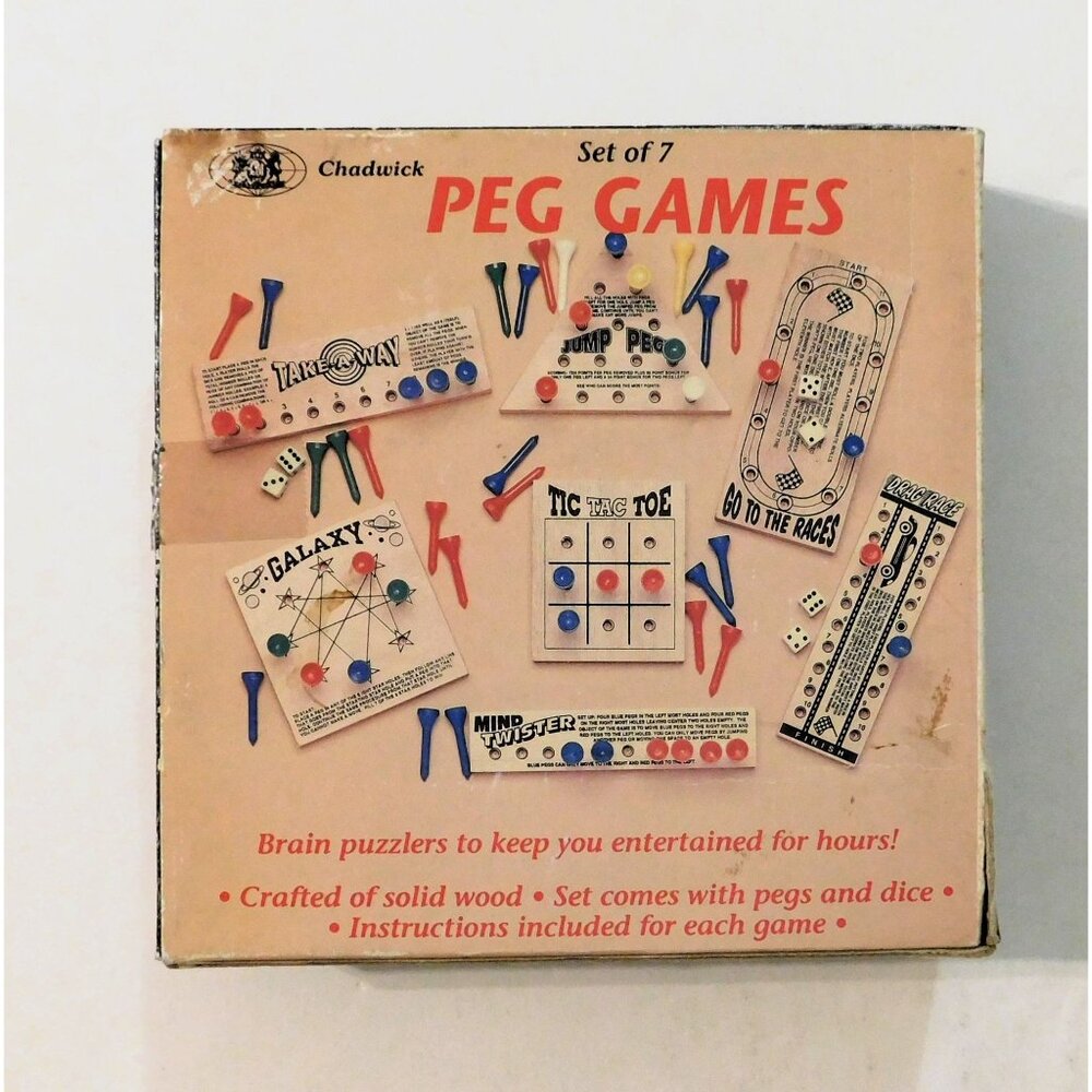 Vintage 1989 Chadwick Set Of 6 Peg Games Wood Pegs Dice Toys Puzzles